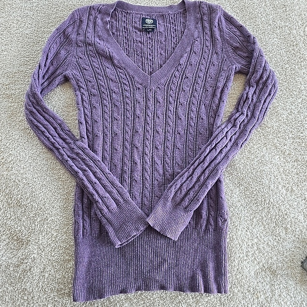 American Eagle Outfitters Women's Sz L Purple Cable Knit V-neck Sweater Y2K 90s